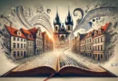 A conceptual artwork capturing the theme of 'The Metamorphosis of Kafka: Tracing the Evolution of His Literary Style'. The image features a large, open book with fluttering pages that transition from early 20th-century Prague on one side to a modern abstract representation of text and symbols on the other. The Prague side shows quaint, cobblestone streets with Gothic architecture, while the modern side is filled with swirling lines and typographic elements. The atmosphere is dreamy and slightly surreal, emphasizing a journey through time and creativity.