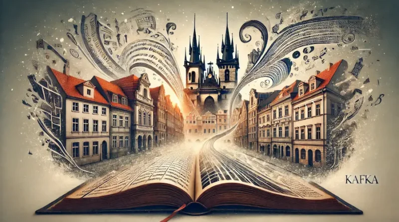 A conceptual artwork capturing the theme of 'The Metamorphosis of Kafka: Tracing the Evolution of His Literary Style'. The image features a large, open book with fluttering pages that transition from early 20th-century Prague on one side to a modern abstract representation of text and symbols on the other. The Prague side shows quaint, cobblestone streets with Gothic architecture, while the modern side is filled with swirling lines and typographic elements. The atmosphere is dreamy and slightly surreal, emphasizing a journey through time and creativity.