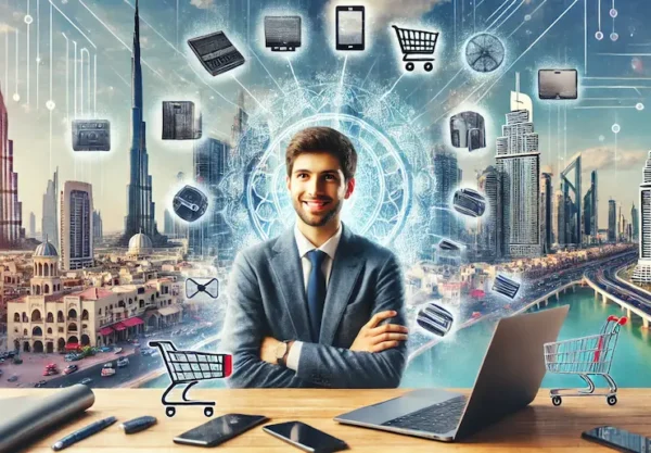 A wide image depicting a young entrepreneur in Dubai, surrounded by e-commerce elements such as laptops, shopping carts, and mobile phones. In the background, iconic Dubai landmarks like the Burj Khalifa and traditional Middle Eastern architecture can be seen. The scene should have a professional yet vibrant atmosphere, reflecting the dynamic nature of Dubai's e-commerce landscape.