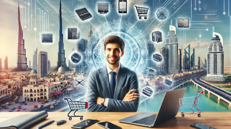 A wide image depicting a young entrepreneur in Dubai, surrounded by e-commerce elements such as laptops, shopping carts, and mobile phones. In the background, iconic Dubai landmarks like the Burj Khalifa and traditional Middle Eastern architecture can be seen. The scene should have a professional yet vibrant atmosphere, reflecting the dynamic nature of Dubai's e-commerce landscape.